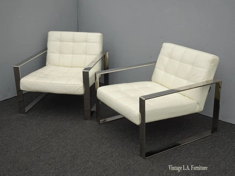 Pair of Contempory Modern Modani Rivoli Off White Tufted Eco Leather Arm Chairs Cover