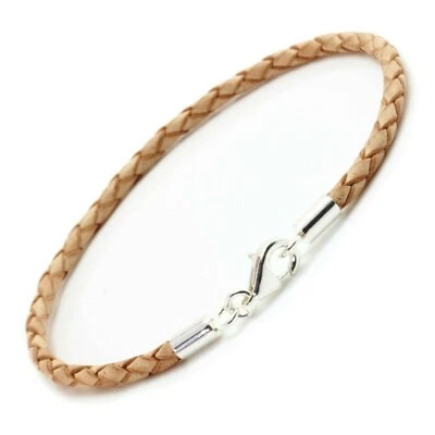 Pulsera de cuero trenzado de 3 mm con broche de plata de ley-cordón tostado natural unisex Foto 1 de 4