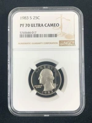 1983 S WASHINGTON QUARTER 25C PF70 ULTRA CAMEO NGC; PR70 DCAM; SKU 2392 - Image 1 of 2
