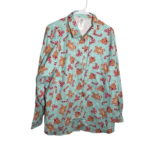 Disney Parks Camicia Pan di Zenzero Donna 1X Pigiama Teal Bottoni Natale Inverno - Foto 1 di 8