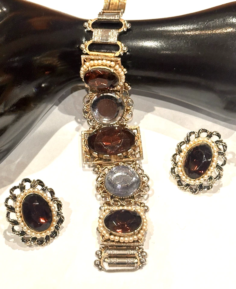 PENDIENTES PULSERA PIEDRAS CABUJÓN FACETADAS PERLAS IMITACIÓN RENACIMIENTO VICTORIANO VINTAGE Foto 1 de 4