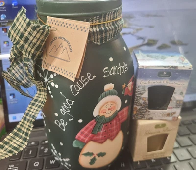 Tarro de albañil muñeco de nieve pintado a mano rústico luz de té con 2 velas, lindo Foto 1 de 4