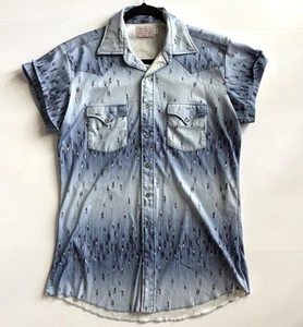 H Bar C Pearl Snap Shirt Short Sleeve 16 Blue Southwestern Print Geometric Knit - Picture 1 of 5