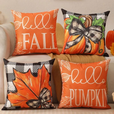 Set of 4 Double Sided Fall Pillow Covers 18x18 Autumn Pumpkin Maple Leaf Decor - Image 1 of 2
