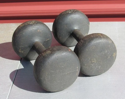 Vintage 1940s Gym Dumbells Cast Iron Hand Weights Strongman Barbells 25lbs Nice! - Image 1 of 4