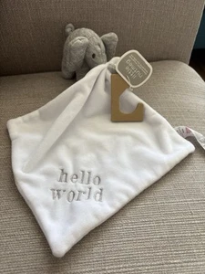 BNWT Little Nutmeg Grey elephant Baby Comforter ‘hello world’ White Blanket - Picture 1 of 2