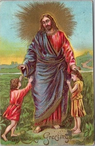 Vintage 1910er OSTERGRÜSSE geprägte Postkarte JESUS CHRISTUS mit Junge & Mädchen - Bild 1 von 2
