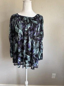 Zac & Rachel Black Teal Floral Sheer Blouse Womens 1X Career Flowy Beach - Picture 1 of 7