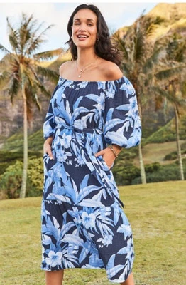 VESTIDO TOMMY BAHAMA DAYBREAK HIBISCO HOMBRO MEDIO 100% ALGODÓN AZUL MARINO $178 Foto 1 de 4