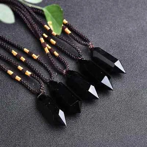 Collar Colgante Negro Cristal Natural Obsidiana Punta Hexagonal Envolvido - Imagen 1 de 2