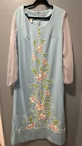 VTG Montgomery Ward 70s Dress Womens M? Blue Floral Beaded Sheer Sleeve Maxi - Picture 1 of 12