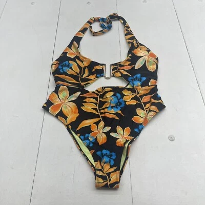 Nuevo traje de baño River Island negro multicolor floral espalda abierta para mujer 12 Foto 1 de 4