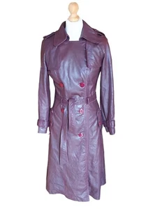 Red 100% Leather Trench Coat Womens Long Belted Jacket UK Size S - Picture 1 of 13