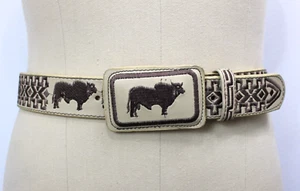 Mexican Bull Belt & Buckle Size 36 Embroidered Cinto Charro Piteado VTG Style - Picture 1 of 7