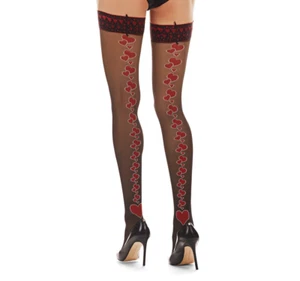 Stockings Queen Of Hearts Backseam Sheer Stockings Black/Red L/XL MeMoi - Picture 1 of 6