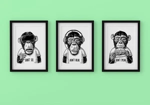 Non vedere, sentire o parlare set di 3 scimmie A4 poster stampa decorazione regalo arte da parete - Foto 1 di 1