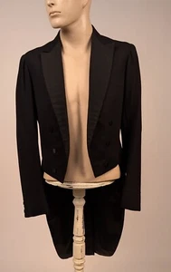 ANTIQUE MENS BLACK WOOL TUXEDO TAIL COAT W SATIN LAPELS - Picture 1 of 4