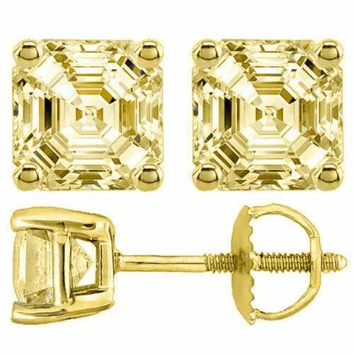 BRINCOS DE OURO AMARELO 14K CORTE ASSCHER 2,19 CT PARAFUSO CANÁRIO TRASEIRO  - Imagem 1 de 1