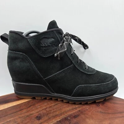 Botas deportivas Sorel Evie para mujer 7,5 negras de gamuza con cordones zapatillas de cuña ocultas Foto 1 de 4
