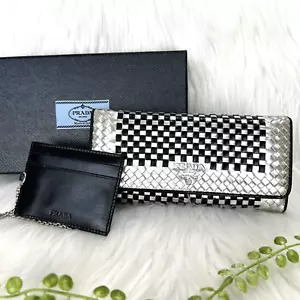 PRADA Braided Leather Madras Long Wallet Silver/Black - Picture 1 of 22