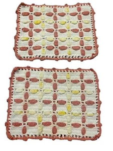 2 Vtg Handmade Crocheted Pads Pot Holder Lattice Trivets Farm Pink Yellow White - Picture 1 of 5
