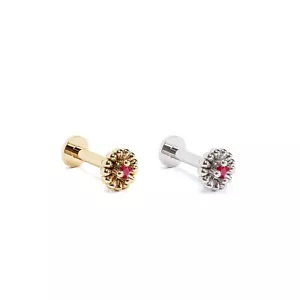 14K REAL Solid Gold Ruby Tiny Floral Stud Helix Tragus Cartilage Earring 16G - Picture 1 of 9