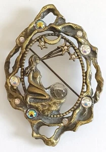 JJ Celestial Lady Star Gazer Bronze Tone AB Stone Brooch Art Nouveau Vintage  - Picture 1 of 6