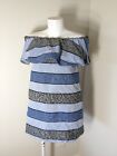 Kookai Size 38 Au10 Paloma Off-Shoulder Blue Woven Striped Mini Dress W Pockets