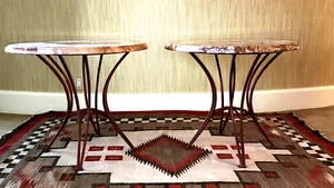 Vintage Matching Pair of Pink Marble Top Coffee Tables with Original Iron Bases - Picture 1 of 16