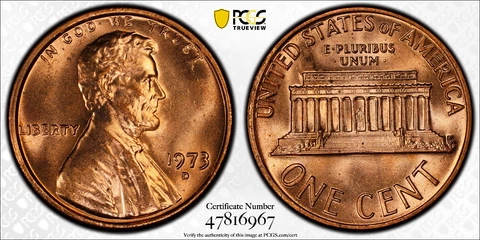 1973-D 1C LINCOLN MEMORIAL PENNY CENT PCGS MS65+RD with Gold Shield & TrueView Cover