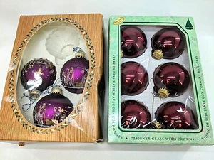 Krebs Box Glass Christmas Ornaments Burgundy Red 2 5/8" Gold Crowns - 9 balls - Picture 1 of 5