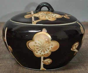 Okugawa Hakusan Pottery Black Gold Floral Tea Caddy? 2½" Tall Trinket Jar - Picture 1 of 11