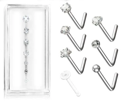 Paquete de 7 anillos de nariz de acero inoxidable circonita cúbica de circonita cúbica con circonita cúbica incluye retenedor Foto 1 de 4