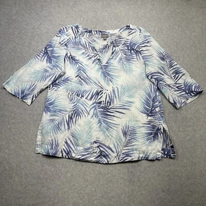 J Jill Top Petite Medium Blue Floral Linen Beach Casual Chic Summer Travel Wear - Picture 1 of 13