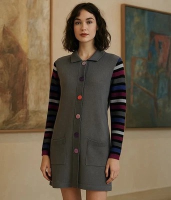 Bob Mackie Usable Arte Longline Cárdigan Suéter Vestido L Gris Artístico Colorido Foto 1 de 4