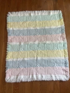 Pastels Knit Hearts Throw Afghan Baby Blanket Fringe Heart Woven Waffle 32x40 - Picture 1 of 10