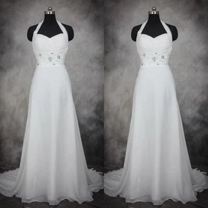 Chiffon Wedding Dresses White Halter Neck Ivory Sleeveless A Line Ball Gowns - Picture 1 of 12