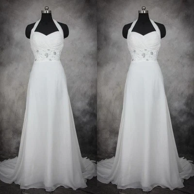 Chiffon Wedding Dresses White Halter Neck Ivory Sleeveless A Line Ball Gowns - Image 1 of 4