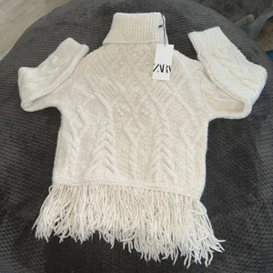 NWT ZARA WOMEN'S FRINGED Soft Knit SWEATER POM POMS ECRU WHITE SIZE S 3859/117 - Bild 1 von 7