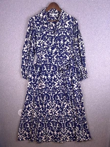 Zara Maxi Dress Women's Medium Blue White Damask Print Tie Waist Classic Modest - Picture 1 of 15