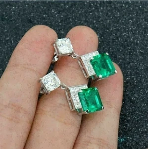 4 Ct Asscher Cut Simulated Green Emerald Drop Earrings In 14k White Gold Plated - Picture 1 of 4