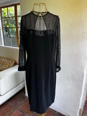 Винтажный черный галстук Олег Cassini черный женщин короткий длинным рукавом платье размер 12 - Изображение 1 из 4