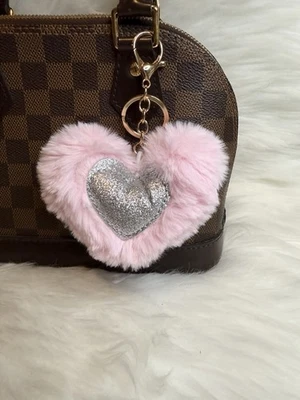 Pink Fluffy Heart Pom Pom Keychain Bag Charm Keyring Silver Birthday Gift - Image 1 of 2