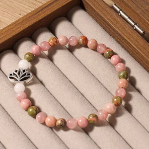 Bohemian Style Natural Stone Bracelet 6mm Rose Quartz Rhodonite - Picture 1 of 8