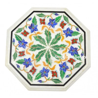 12" Marble Side Table Top Semi Precious Stones Work floral Inlay Art Handmade - Image 1 of 3