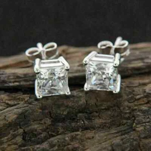 2.00Ct Princess Cut Lab Created Diamond Solitaire Earrings 14k White Gold Plated - Picture 1 of 5