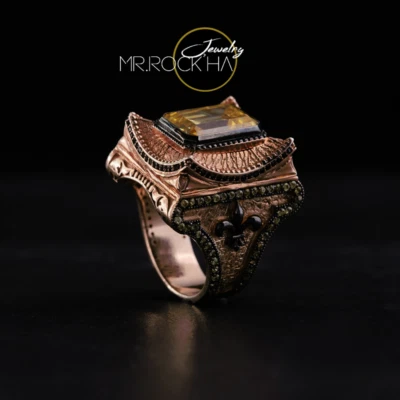 Castle Domed Engraving,Brown Citrine Stone,Rose Plate,925 Silver Men's Big  Ring - Image 1 of 4