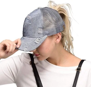 C.C Hatsandscarf Exclusives Messy Buns Damaged Denim One Size, Lt - Picture 1 of 5