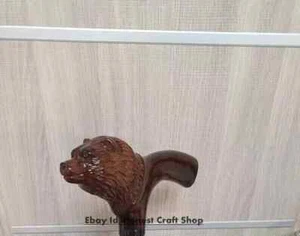 Bear Head Handle Wooden Walking Stick Handmade Style Gift Adult Hand Carved Cane - Picture 1 of 5