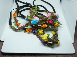 Beautiful Hair Jewelry Headband Set 6 Brown Leather Colorful Silk Flowers NICE